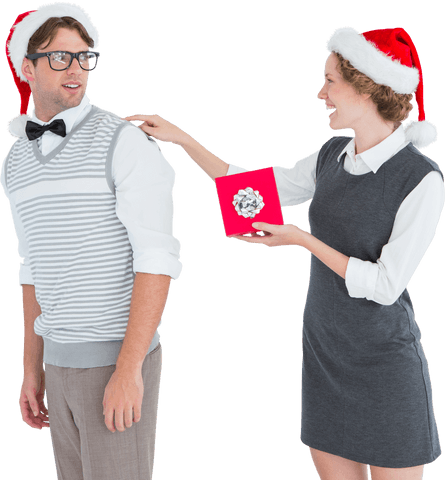 Transparent Festive Couple Share Christmas Gift with Joy