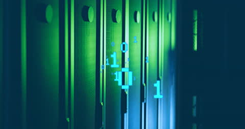 Digital Binary Code Floating Along Modern Servers