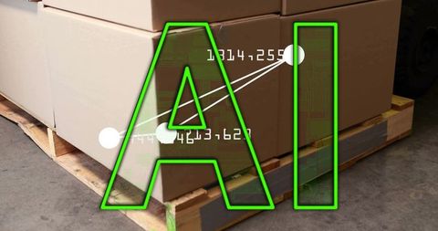 AI warehouse logistics showing palletized cardboard boxes with green data tracking overlay