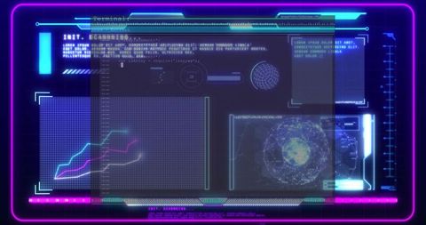 Futuristic holographic HUD dashboard projecting analytics, globe and code