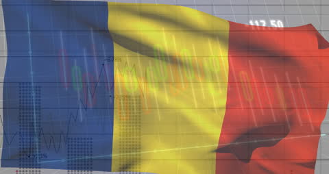 Romanian Flag Overlaying Financial Data Graph