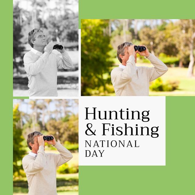 Caucasian mature man looking through binoculars in forest and hunting and fishing national day text. Collage, composite, nature, explore, recreation, celebration and wildlife conservation concept.