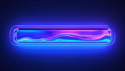 Floating neon glass bar with cyan-magenta ribbon and glowing rim, futuristic abstract