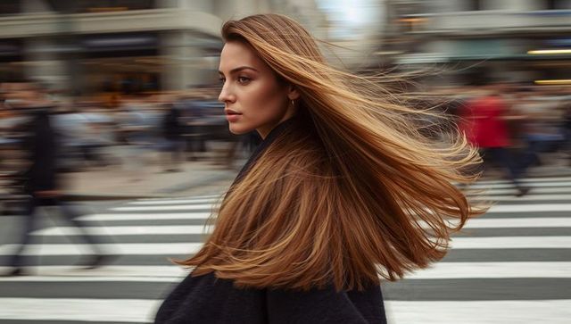 Woman walking through busy city crosswalk with flowing hair, motion blur, dark coat, hoop earring