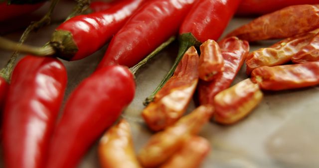 Fresh red chilies are laid out next to dried ones, showcasing the process of dehydration - Download Free Stock Photos Pikwizard.com