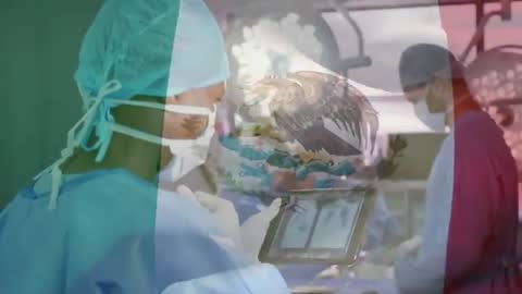 Surgeon Utilizing Technology in Operating Room with Mexican Flag Overlay