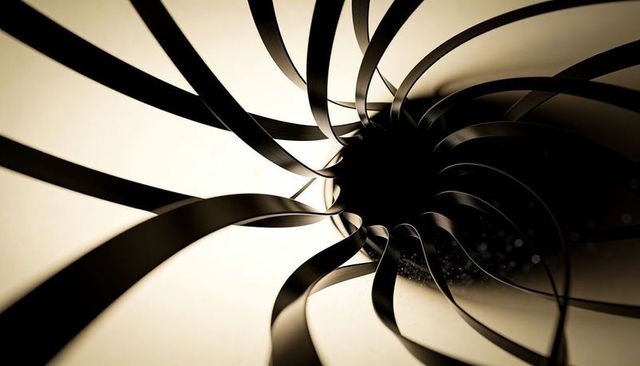 Glossy Black Ribbon Vortex Spiraling Into Dark Void With Metallic Bands and Particles
