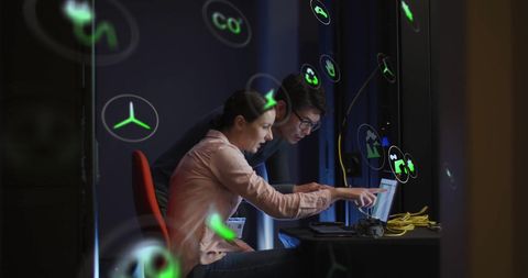 Technological collaboration amid renewable energy symbols