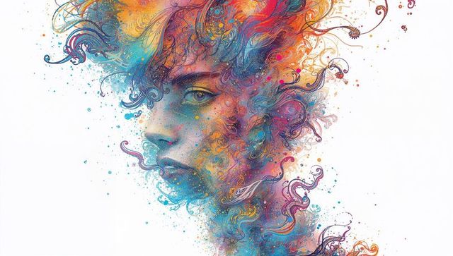 Vivid abstract female profile forming with swirling paint, filigree and chromatic brushwork