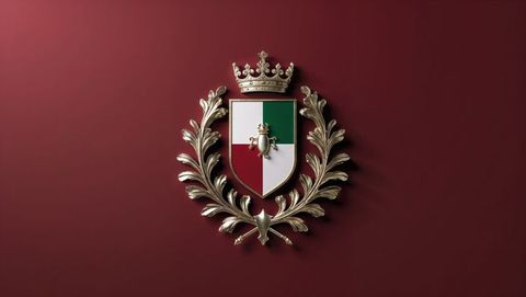 Ornamental Heraldic Crest on Burgundy Wall with Gold Accents