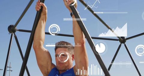 Mid-adult male pulling up on outdoor gym frame with digital fitness hud overlay and bars