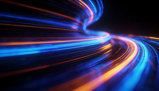 Curving neon light trails flowing across glossy dark surface, blue and orange motion