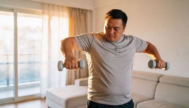 Asian man lifting dumbbells in sunlit living room during home workout, building strength