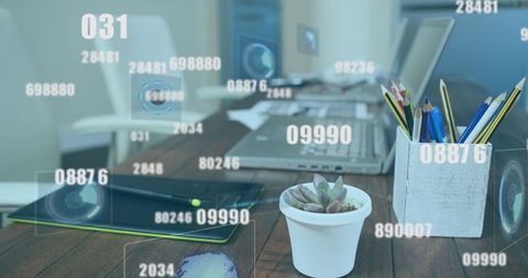 Digital interface holograms above office desk with business tools
