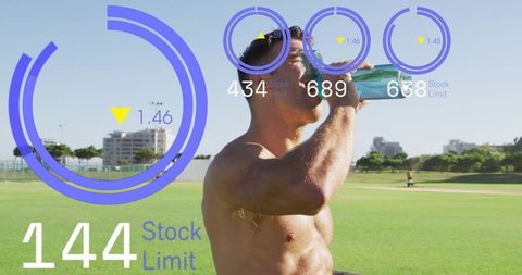 Shirtless athlete drinking water on field with augmented reality fitness hud and metrics