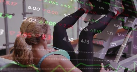 Athletic woman powering leg press with stock market overlay blending fitness and finance