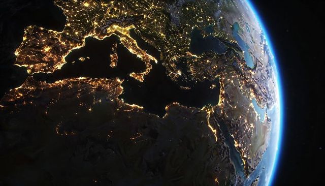 Mediterranean night lights from orbit showing nile delta and illuminated coastlines