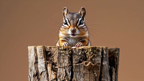 Adorable chipmunk perching with expressive whiskers on tree stump