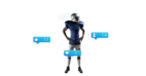 Football player posing with social media notification icons