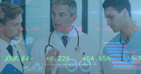 Doctors Analyzing Financial Data with Digital Overlay