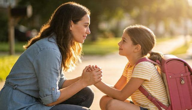 Sunlit morning mother kneeling holding daughter's hands before school