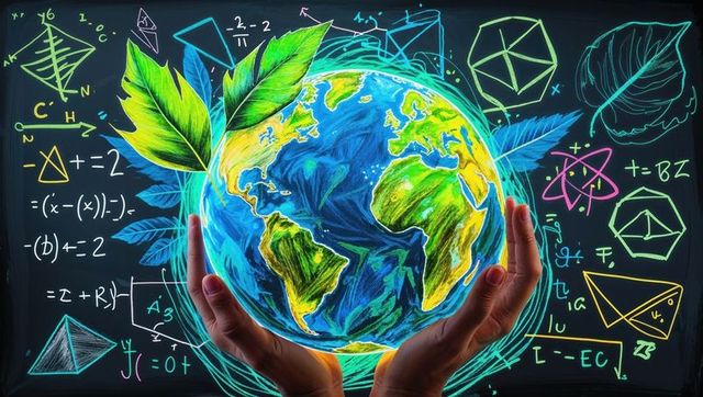 Hands holding illustrated globe with eco innovation theme on chalkboard