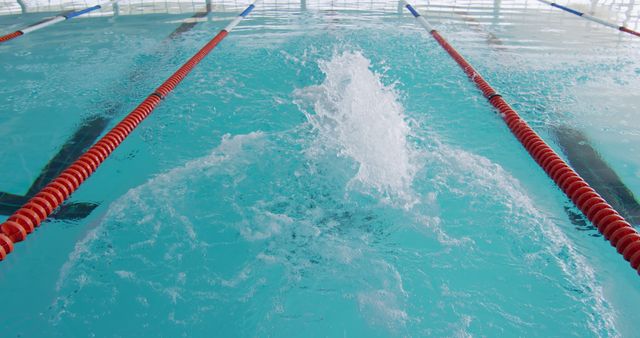 Splash from diving swimmer racing in lane at indoor pool, copy space. Competition, training, fitness, exercise, healthy lifestyle, sport, swimming and swimming pool,