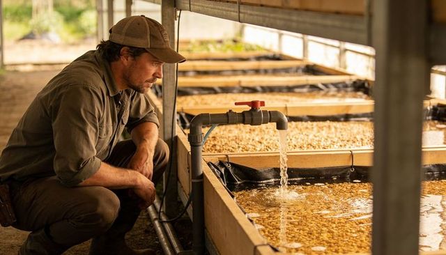 Crouching farmer inspecting aquaponic grow trays with flowing pvc valve in greenhouse