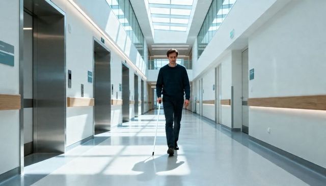 Visually impaired man navigating modern hospital corridor with white cane under skylight