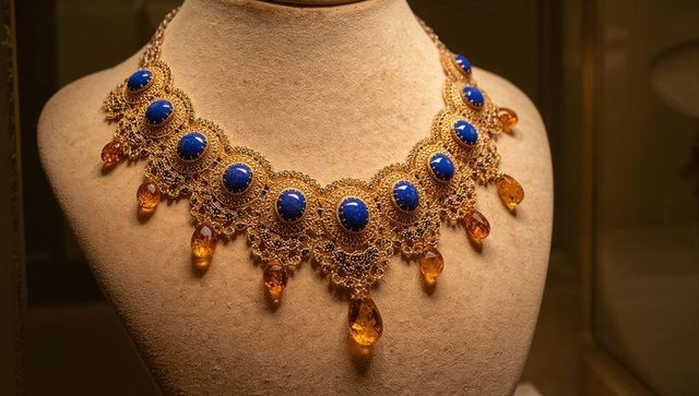 Ornate Filigree Necklace with Blue Cabochons and Amber Beads on Display
