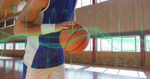 Athletic Basketball Player With Waveform Overlay on Indoor Court