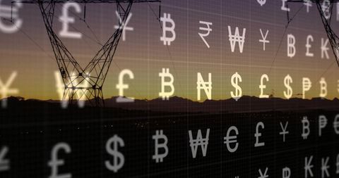 Silhouetting high voltage tower at sunset overlaid with currency symbols for energy markets