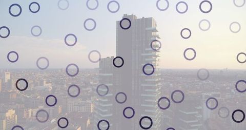 Digital circles overlaying urban cityscape