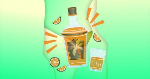 Festive amber beverage bottle with citrus motif on green gradient