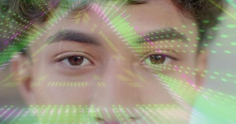 Futuristic holographic portrait adult male with neon geometric overlay and cyber vision