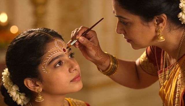 Mother painting ceremonial tilak on daughter forehead during traditional indian festival
