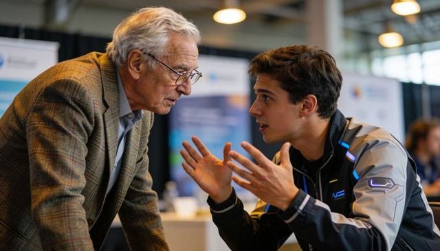 Senior entrepreneur mentoring young tech founder at expo booth