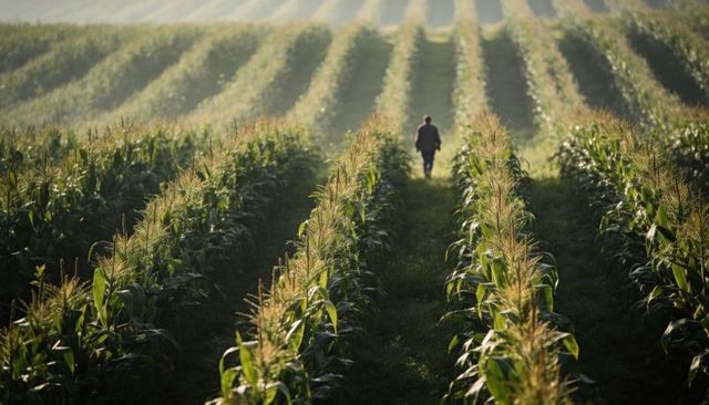 Solitary man walking through sunlit corn rows at dawn, rural farmland path and solitude