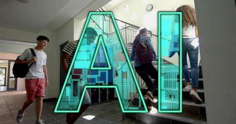 High School Students Climbing Stairwell with Digital AI Overlay for Education Tech