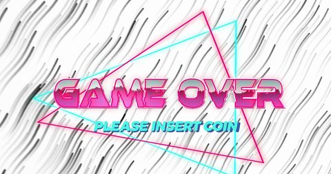 Retro game over neon text banner against wavy background