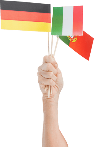 Hand raising international flags transparent concept