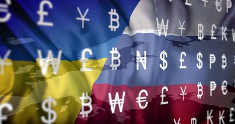 Currency symbols over flags of ukraine and russia highlighting economic tensions