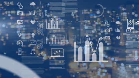 Digital Data Icons Overlaying Vibrant Cityscape at Night