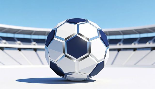 Glossy soccer ball resting on stadium pitch with empty stands under bright daylight
