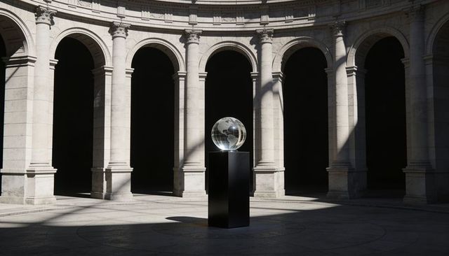 Glass globe etched with world map on black pedestal in classical colonnade rotunda