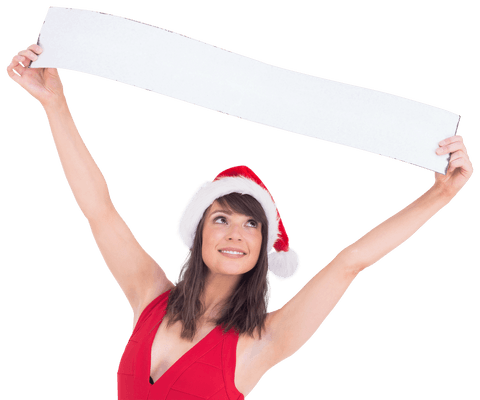 Cheerful Young Woman in Santa Hat Holding Blank Banner with Transparent Background - Download Free Stock Videos Pikwizard.com