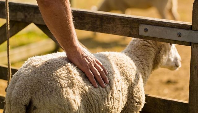 Farmer hand stroking woolly sheep fleece at rustic wooden fence in sunlit pasture