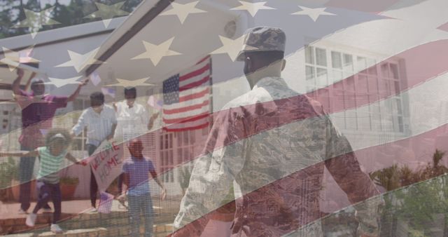 Image of national flag of america over african american soldier hugging daughter. Digital composite, family, love, togetherness, patriotism, military, patriotism and homecoming concept.