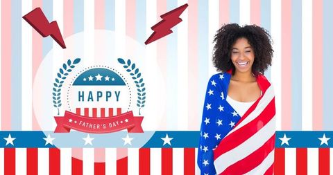 Patriotic celebration with happy woman wrapped in american flag for father's day