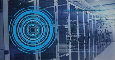 Futuristic Data Center with HUD Overlay and Technology Interface